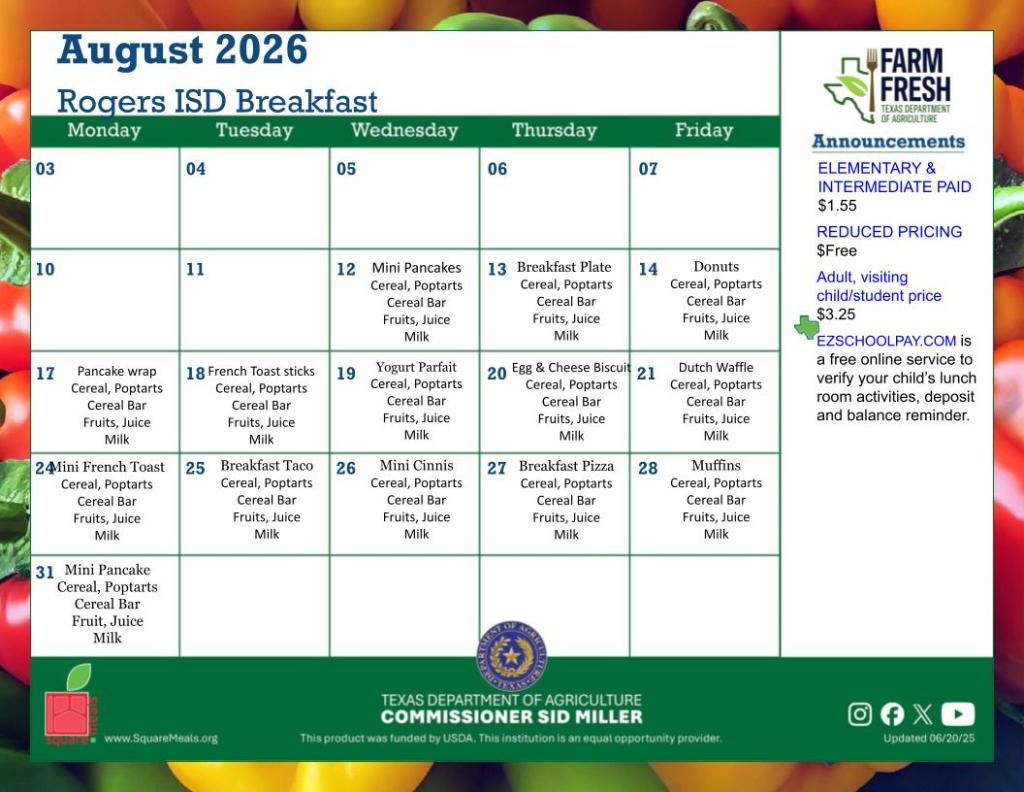 august breakfast menu for district for the month of august